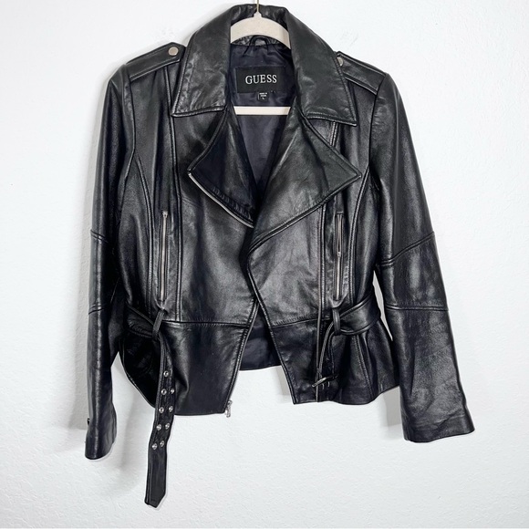 Guess Leather Jacket Women’s Large Moto Black Coat Belted Zipper RCL - Picture 1 of 13